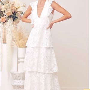 Lulu’s White Lace Tiered Maxi Dress